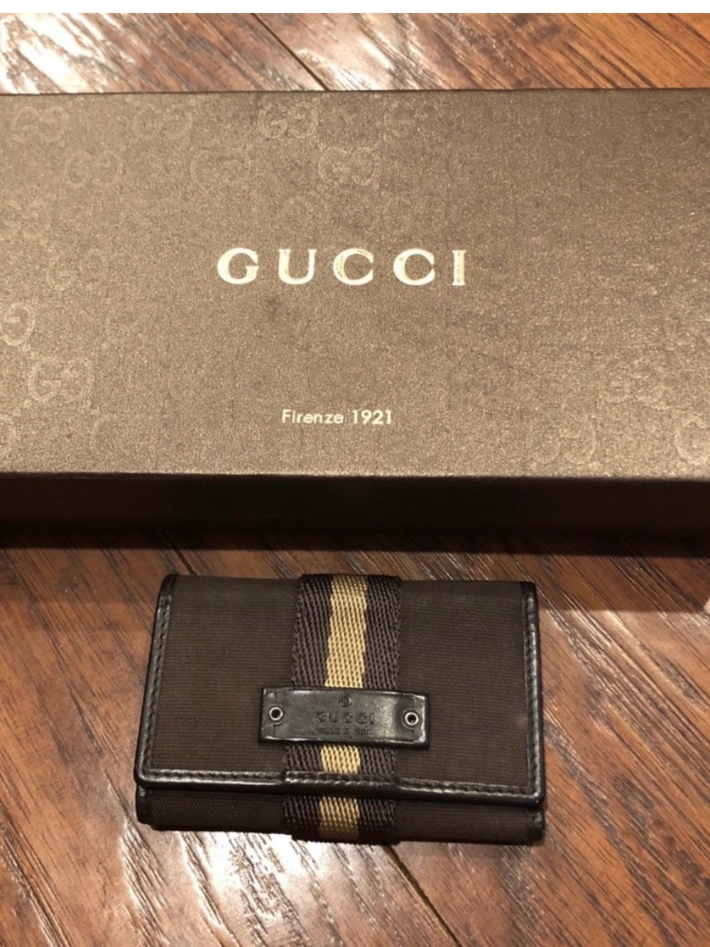 Gucci Brown Leather Card Case with Tan and Black Web Stripe